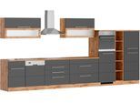 Küchenzeile KOCHSTATION "KS-Wien", grau (küche: grau, front: anthrazit, korpus: wotaneichefarben, arbeitsplatte: wotaneichefarben), B:440cm H:200cm T:60cm, Komplettküchen-Sets, Küchenzeile, Breite 440 cm, wahlweise mit E-Geräten