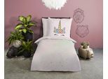 Kinderbettwäsche "Mandy", rosa, B/L: 135cm x 200cm, 1 Stk., 1 Stk., Microfaser, B/L: 80cm x 80cm, 2 Stk., Microfaser, Obermaterial: 100% Polyester, PURE LUXURY COLLECTION, Bettwäsche, Mikrofaser, 135x200, pflegeleicht, Wende, Mädchen, Einhorn, Regenbogen