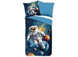 Kinderbettwäsche "Saros", blau (dunkelblau), B/L: 135cm x 200cm, 1 Stk., 1 Stk., Microfaser, B/L: 80cm x 80cm, 2 Stk., Microfaser, Obermaterial: 100% Polyester, PURE LUXURY COLLECTION, Bettwäsche, Mikrofaser, 135x200, 2 Teilig, Wendeoptik, Kind, Weltall, Astronaut