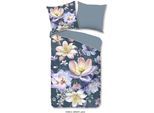 Wendebettwäsche DESCANSO "Mirery", blau (petrol), B/L: 135cm x 200cm, 1 Stk., 1 Stk., Renforcé, B/L: 80cm x 80cm, 2 Stk., Renforcé, Obermaterial: 100% Baumwolle, Bettwäsche, Wendebettwäsche, Satin, Reißverschluss, Paspel, Biese, Wendeoptik, Luxe, Blumen, Petrol
