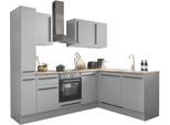 Winkelküche BASIC BY BALCULINA "Denver, Küche BxHxT 250/115 x 211 x 60", grau (küche: grau, korpus: grau matt, arbeitsplatte: lanzelot eiche), B:250cm H:211cm T:60cm, Komplettküchen-Sets, Küchenzeile, Breite 250 cm, wahlweise mit E-Geräten und Induktion