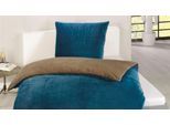 Wendebettwäsche GÖZZE "Superflausch in Gr. 135x200 oder 155x220 cm", blau (blau, taupe), B/L: 135cm x 200cm, 1 Stk., 1 Stk., Microfaser, B/L: 80cm x 80cm, 2 Stk., Microfaser, Obermaterial: 100% Polyester, Bettwäsche, Wendebettwäsche, Fleece kuschelig warm im Winter, Bettwäsche mit Wendeoptik