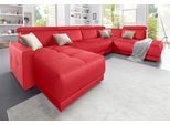 Wohnlandschaft DOMO COLLECTION "Ava moderne Sitzheftung mit toller Doppelnaht, komfortabel, U-Form", rot, B:351cm H:84cm T:222cm, Zierkissen: Microfaser PRIMABELLE (100% Polyester);Struktur (100% Polyester);Microfaser PRIMABELLE (100% Polyester);Kunstleder SOFTLUX;Struktur fein (100% Polyester), Sofas, Wohnlandschaft, mit Federkern, wahlweise mit Kopfteilverstellungen