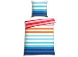 Bettwäsche SCHIESSER "Happy Stripe aus weicher Baumwolle und jeder Menge bunter Streifen", blau (türkis), B/L: 135cm x 200cm, 1 Stk., 1 Stk., Renforcé, B/L: 80cm x 80cm, 2 Stk., Renforcé, Obermaterial: 100% Baumwolle, Bettwäsche, Bettwäsche, MADE IN GREEN by OEKO-TEX