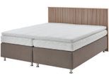 Boxspringbett "Quercus", beige (schwarz, beige), L:206cm, Kopfteil MDF/Dekor Eiche hell, Boxenbezug: Feinstruktur 100% Polyester, Box: Holzwerkstoff mit Bonnellfederung, Füße: verchromtes Metall, Topper: Kaltschaum, WESTFALIA SCHLAFKOMFORT, Komplettbetten, Boxspringbett, wahlweise mit LED-Beluchtung, 3 Matratzenarten zur Auswahl