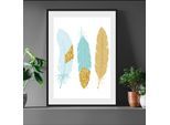 Bild QUEENCE "Nele", gold (farbe rahmen: schwarz, farbe bild(er): gold, hellblau), B:50cm H:60cm, Acrylglas, Holz, Papier, Bilder, Bild, gerahmt, Federn