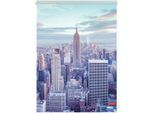 Seitenzugrollo LICHTBLICK ORIGINAL "Rollo Klemmfix, ohne Bohren, Verdunkelung, New York - Blau", blau (blau, weiß), B:150cm H:45cm, Polyester, Rollos, Seitenzugrollo