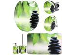 Badaccessoire-Set SANILO "Harmony", schwarz, grün, Massivholz, Polyester, Polyresin (Kunststein), Badaccessoires-Sets, Badaccessoire-Set, bestehend aus WC-Sitz, Badteppich, Stöpsel, Seifenspender, WC-Bürste