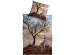 Wendebettwäsche KINZLER "Winterhirsch", bunt, B/L: 155cm x 220cm, 1 Stk., 1 Stk., Polyester, B/L: 80cm x 80cm, 2 Stk., Polyester, Obermaterial: 100% Polyester, Bettwäsche, Wendebettwäsche, aus Mikrofaser