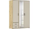 Drehtürenschrank RAUCH "Kleiderschrank Schrank Garderobe Wäscheschrank VOYAGER", beige (champagner), eiche artisan, B:140cm H:194cm T:53cm, Holzwerkstoff, Schränke, Drehtürenschrank, mit modernen Griffen in Graumetallic, inkl. Schubkästen und Spiegel