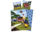 Kinderbettwäsche FEUERWEHRMANN SAM "Feuerwehrmann Sam", blau, B/L: 135cm x 200cm, 1 Stk., 1 Stk., Renforcé, B/L: 80cm x 80cm, 2 Stk., Renforcé, Obermaterial: 100% Baumwolle, Bettwäsche, Kinderbettwäsche, mit Löschzug und Helikopter