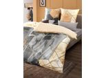 Wendebettwäsche BIERBAUM Gr. 1, beige (ecru, anthrazit, bedruckt), B/L: 135cm x 200cm, Mako-Satin, B/L: 80cm x 80cm, 2 Stk., Mako-Satin, 100% Baumwolle, Bettwäsche, Wendebettwäsche