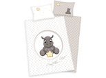 Babybettwäsche HERDING "Jana Nashorn", grau (weiß, grau), B/L: 100cm x 200cm, 1 Stk., 1 Stk., Renforcé, B/L: 60cm x 40cm, 2 Stk., Renforcé, Obermaterial: 100% Baumwolle, Bettwäsche, Babybettwäsche, mit Motiv