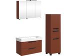 Badmöbel-Set WELLTIME "SALVADA, 3tlg-Set, gedämpfte Scharniere, Softclose, Keramikbecken", braun (rot), B:140cm H:200cm T:47,5cm, MDF, Kastenmöbel-Sets, Badmöbel-Set, Rot, Keramikbecken 1 od. 2 Armaturlochbohrungen