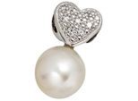 Herzanhänger JOBO "Anhänger Herz Weißgoldanhänger 16 mm", silber (weißgold 585), Schmuckanhänger, Damen, P1 = bei 10-facher Vergrößerung erkennbare Einschlüsse, Diamanten Perlen Weißgold 585, Diamanten, Perlen, Weißgold 585, 585 Weißgold mit Perle und 10 Diamanten