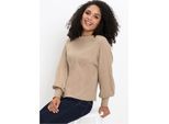 Strickpullover BONPRIX "Oversize-Pullover aus Viskose-Mix", Damen, Gr. 36/38 (S), beige meliert, Feinstrick, Obermaterial: 50% Viskose, 26% Polyamid, 24% Polyester, unifarben, bequem hüftlang, hoch geschlossener Ausschnitt, extrabreites Bündchen, Pullover Strickpullover, toller Viskose-Mix, mit modischen Ballonärmeln mit breiten Bündchen