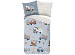 Kinderbettwäsche GOOD MORNING "Mack", hellblau, B/L: 135cm x 200cm, 1 Stk., 1 Stk., Renforcé, B/L: 80cm x 80cm, 2 Stk., Renforcé, Obermaterial: 100% Baumwolle, Bettwäsche, Baumwolle, Renforcé, Wendeoptik, Kind, Junge, Bagger