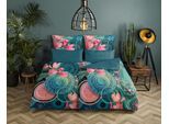 Wendebettwäsche HIP "Zahra", petrol, B/L: 135cm x 200cm, 1 Stk., 1 Stk., Renforcé, B/L: 80cm x 80cm, 2 Stk., Renforcé, Obermaterial: 100% Baumwolle, Bettwäsche, Wendebettwäsche, Satin, Reißverschluss, Wendeoptik, Mandala, Blume, Petrol