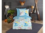 Kinderbettwäsche GOOD MORNING "Iceprincess", blau, B/L: 135cm x 200cm, 1 Stk., 1 Stk., Biber, B/L: 80cm x 80cm, 2 Stk., Biber, Obermaterial: 100% Baumwolle, Bettwäsche, Biber, 135x200, Warm, Weich, Wende, Reißverschluss, Mädchen, Einhorn