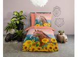 Kinderbettwäsche GOOD MORNING "Beauty Horse Sunflower", bunt (multi, gelb, terrakotta), B/L: 135cm x 200cm, 1 Stk., 1 Stk., Renforcé, B/L: 80cm x 80cm, 2 Stk., Renforcé, Obermaterial: 100% Baumwolle, Bettwäsche, Baumwolle, 135x200, Reißverschluss, Wendeoptik, Kind, Mädchen, Pferd