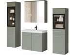 Badmöbel-Set WELLTIME "MADRIT II, Schrank mit Waschbecken, 2 Hänger, Spiegelschrank", grün (salbei), B:120,4cm H:131,5cm T:34,5cm, Holzwerkstoff, Kastenmöbel-Sets, Badmöbel-Set, Hängende Badmöbel mit Glaseinsätzen – in vielen Farben erhältlich