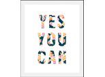 Bild QUEENCE "Yes you can", blau (farbe rahmen: schwarz, farbe bild(er): blau), B:50cm H:70cm, Acrylglas, Holz, Papier, Bilder, Bild, gerahmt