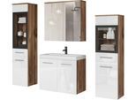 Badmöbel-Set WELLTIME "MADRIT II, Schrank mit Waschbecken, 2 Hänger, Spiegelschrank", weiß (eiche wotan, weiß hochglanz), B:120,4cm H:131,5cm T:34,5cm, Holzwerkstoff, Kastenmöbel-Sets, Badmöbel-Set, Hängende Badmöbel mit Glaseinsätzen – in vielen Farben erhältlich