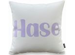 Dekokissen DONE. "HASE", beige, lavender, schriftzug bedruckt, B:45cm L:45cm, Polyester, Dekokissen_Sitzkissen_Kissenhüllen, Weicher Chenille-Stoff Kuschelige Beflockung