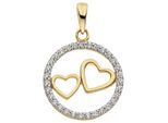 Herzanhänger JOBO "Anhänger Zwei Herzen 15 mm", gold (gelbgold 333, weiß), Schmuckanhänger, Damen, Gelbgold 333, 8 Karat 333 Gold bicolor mit 31 Zirkonia
