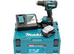 Akku-Schlagbohrschrauber MAKITA "DHP485RTJ", blau (türkis, schwarz), B:790mm H:255mm L:182mm, Bohrmaschinen, mit 2 Akkus 18 V/5 Ah und Ladegerät, inkl. Aufbewahrungskoffer