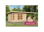 Gartenhaus KARIBU "Kolimasee 7", beige (naturbelassen), Holzwerkstoff, Gartenhäuser, Gartenhaus, mit Anbaudach 3,2 m, naturbelassen