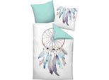 Wendebettwäsche BIBERNA "Livia", blau (ciel), B/L: 135cm x 200cm, 1 Stk., 1 Stk., Linon, B/L: 80cm x 80cm, 2 Stk., Linon, Obermaterial: 100% Baumwolle, Bettwäsche, Wendebettwäsche, hautfreundliche Linon Qualität, Traumfänger, mit Reißverschluss