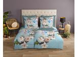 Wendebettwäsche GOOD MORNING "Mayla", blau (aqua), B/L: 155cm x 220cm, 1 Stk., 1 Stk., Renforcé, B/L: 80cm x 80cm, 2 Stk., Renforcé, Obermaterial: 100% Baumwolle, Bettwäsche, Wendebettwäsche, 100% Baumwolle, Renforcé, Reißverschluss, Wendeoptik, Blume