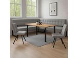 Eckbankgruppe HOME AFFAIRE "Mia Essecke, Sitzgruppe, Eckbankgruppe, Küchenbankgruppe", grau (hellgrau, hellgrau, schwarz), B:207cm H:61cm T:167cm, Holzwerkstoff, Massivholz, Metall, Polyester, Sitzmöbel-Sets, Eckbankgruppe, Eckbank mit Wellenfederung; Tisch in Eiche massiv