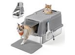 FEANDREA Edelstahl Katzentoilette XL mit Deckel 2 Eingängen grau