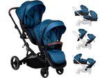 Zwillings-Kombikinderwagen BABYGO "Twinner Set, Grey melange", Kinder, blau (blau melange), Aluminium, Polyester, Kinderwagen, inkl. 2 Regenhauben, Wickeltasche