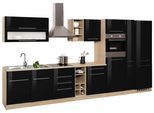 Küchenzeile KOCHSTATION "KS-Eton", schwarz (küche: schwarz, korpus: eichefarben, arbeitsplatte: eichefarben), B:390cm T:60cm, Komplettküchen-Sets, Küchenzeile, mit E-Geräten, Breite 390 cm