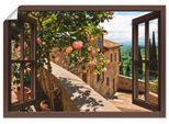 Wandbild ARTLAND "Fensterblick Rosen auf Balkon Toskana", braun (farbe bild(er): braun), B:70cm H:50cm, Bilder, als Leinwandbild, Poster in verschied. Größen