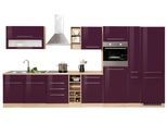 Küchenzeile KOCHSTATION "KS-Eton", lila (küche: lila, korpus: eichefarben, arbeitsplatte: eichefarben), B:390cm T:60cm, Komplettküchen-Sets, Küchenzeile, mit E-Geräten, Breite 390 cm