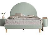 Schlafzimmer-Set VIPACK "Moon, best. aus Polsterbett 140/200 und 2 Hocker/Nachttische", grün, B:147cm H:132cm T:212cm, Polyester, Schlafzimmermöbel-Sets, inkl. Lattenrost, Bezug flauschiger Bouclé Stoff, wahlweise 4 Farben