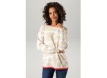 Strickpullover ANISTON CASUAL, Damen, Gr. 44, beige (beige, wollweiß, rot), Strick, Obermaterial: 50% Viskose, 26% Polyamid, 24% Polyester, Jacquardmuster, gemustert, figurumspielend hüftbedeckend, Rundhals, Rippstrickbündchen, Pullover Strickpullover, mit eingestrickten ANISTON-Schriftzügen