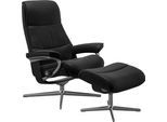 Relaxsessel STRESSLESS "View", schwarz (schwarz batick), B:91cm H:110cm T:85cm, Leder BATICK: BATICK ist ein leicht korrigiertes, durchgefärbtes und genarbtes Möbelleder, bei dem die meisten Unebenheiten und Spuren in der Regel entfernt wurden., Sessel, Relaxsessel, mit Hocker, mit Cross Base, Größe S, M & L, Holzakzent Schwarz