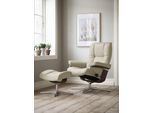 Relaxsessel STRESSLESS "Mayfair", beige (cream batick), B:92cm H:103cm T:79cm, Leder BATICK: BATICK ist ein leicht korrigiertes, durchgefärbtes und genarbtes Möbelleder, bei dem die meisten Unebenheiten und Spuren in der Regel entfernt wurden., Sessel, Relaxsessel, mit Hocker, mit Cross Base, Größe S, M & L, Holzakzent Braun