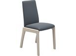Polsterstuhl STRESSLESS "Laurel", blau (atlantic blau batick, eiche gekalkt), B:57cm H:92cm T:59cm, Leder BATICK: BATICK ist ein leicht korrigiertes, durchgefärbtes und genarbtes Möbelleder, bei dem die meisten Unebenheiten und Spuren in der Regel entfernt wurden., Stühle, Polsterstuhl, Low Back, Größe M, mit abgerundeten Beinen in Eiche gekalkt