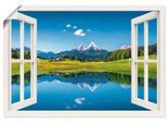 Wandbild ARTLAND "Fensterblick Alpen und Bergsee", blau (farbe bild(er): blau), B:70cm H:50cm, Bilder, als Leinwandbild, Poster in verschied. Größen