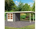 Gartenhaus KARIBU "Arnis 3,5", grau (terragrau), ohne Fußboden, ohne Rück- und Seitenwand, ohne Dacheindeckung, Holzwerkstoff, Gartenhäuser, Gartenhaus, mit Anbaudach 2,80 cm Breite