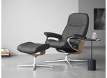 Relaxsessel STRESSLESS "Consul", grau (grau batick), B:78cm H:97cm T:70cm, Leder BATICK: BATICK ist ein leicht korrigiertes, durchgefärbtes und genarbtes Möbelleder, bei dem die meisten Unebenheiten und Spuren in der Regel entfernt wurden., Sessel, Relaxsessel, mit Hocker, mit Cross Base, Größe S, M & L, Holzakzent Eiche