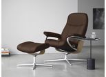 Relaxsessel STRESSLESS "Consul", braun (malt braun batick), B:91cm H:102cm T:79cm, Leder BATICK: BATICK ist ein leicht korrigiertes, durchgefärbtes und genarbtes Möbelleder, bei dem die meisten Unebenheiten und Spuren in der Regel entfernt wurden., Sessel, Relaxsessel, mit Hocker, mit Cross Base, Größe S, M & L, Holzakzent Eiche