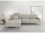 Ecksofa 3C CANDY "Lecce, wahlweise PUR-Schaumstoff oder Tonnentaschenfederkern", grau (hellgrau), B:281cm H:86cm T:194cm, 100% Polyester, Sofas, Ecksofa, Bett im 2,5-Sitzer, teilmotorische Schlaffunktion im Longchair, L-Form