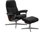 Relaxsessel STRESSLESS "Consul", schwarz (schwarz batick), B:78cm H:97cm T:70cm, Leder BATICK: BATICK ist ein leicht korrigiertes, durchgefärbtes und genarbtes Möbelleder, bei dem die meisten Unebenheiten und Spuren in der Regel entfernt wurden., Sessel, Relaxsessel, mit Hocker, mit Cross Base, Größe S, M & L, Holzakzent Braun